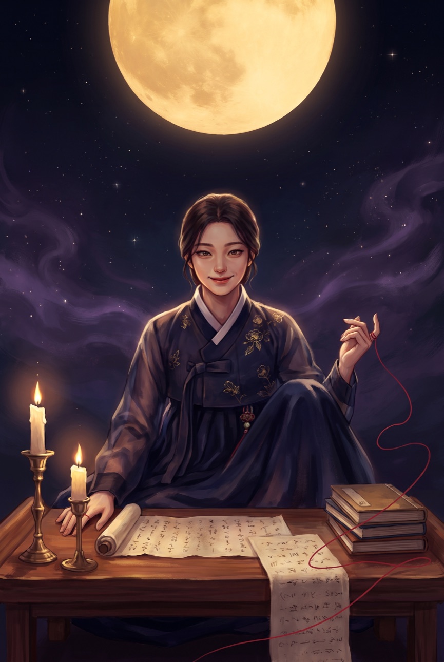 달 아래에서 붉은 실을 손에 감고 있는 월하당 언니